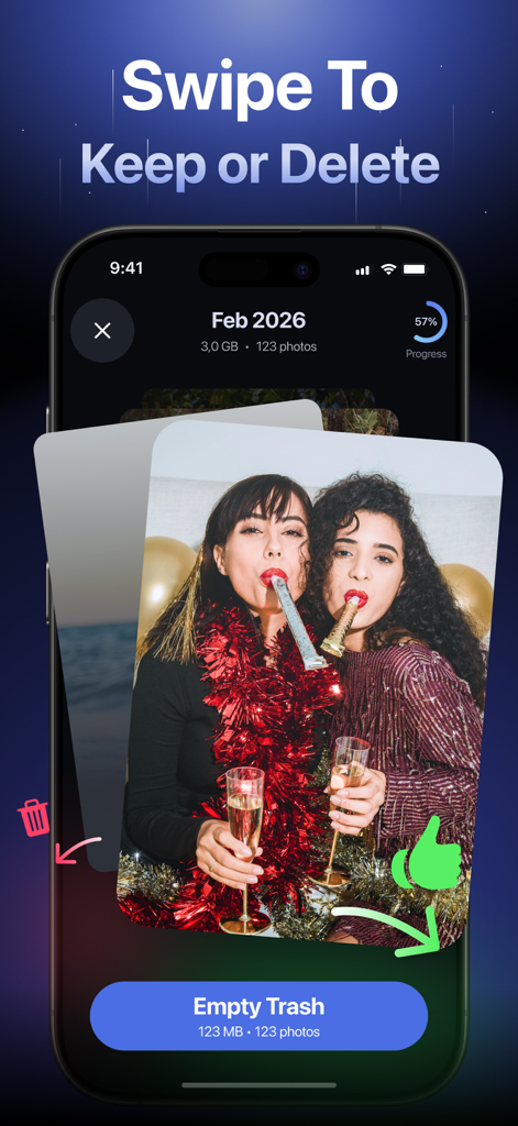 AI Phone Cleaner－Clean Storage - Smartphone screen showing the swipe to keep or delete photo cleanup feature