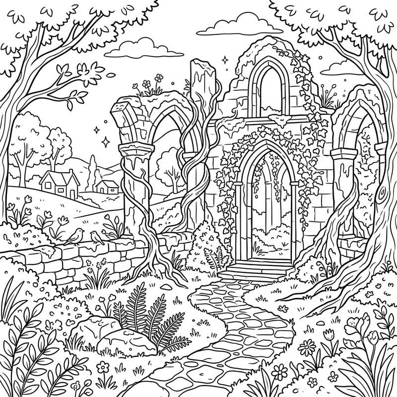 Step into a serene world where ancient temple ruins meet the rustic charm of cottagecore. This intricate coloring page invites you to explore a landscape reclaimed by nature, perfect for a peaceful artistic escape.