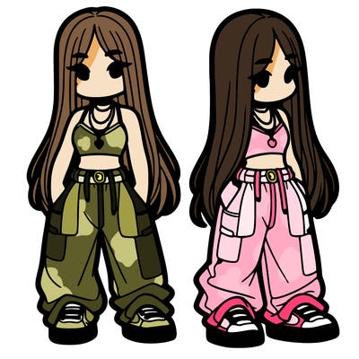 girl in baggy pants crop top and long hair