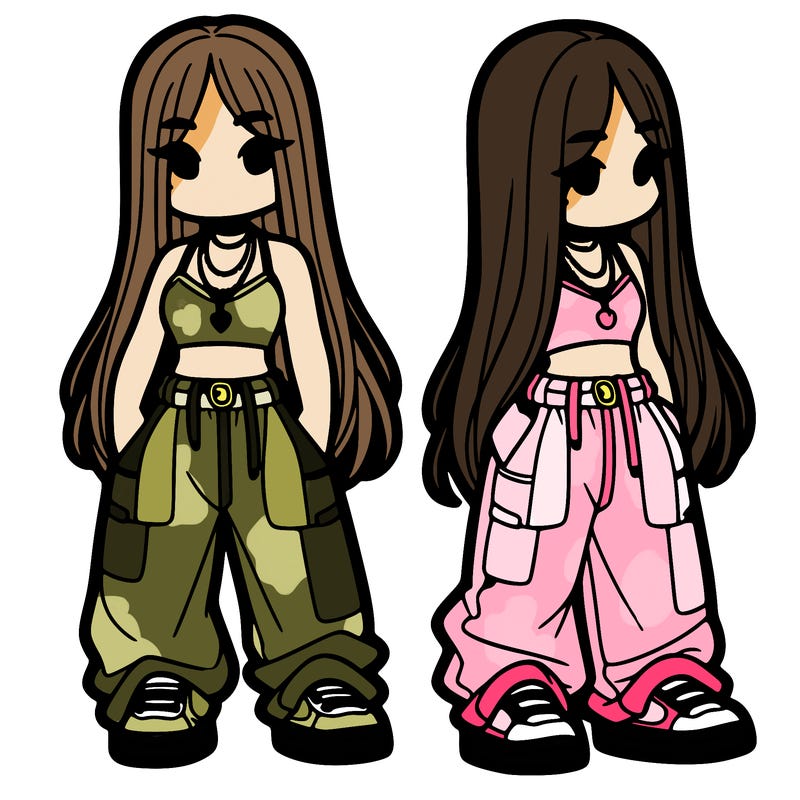 girl in baggy pants crop top and long hair