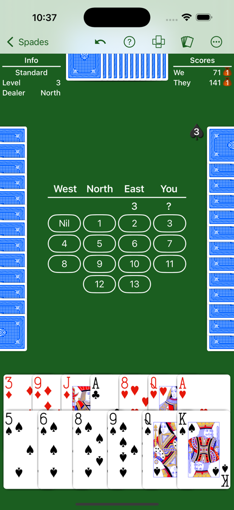 Spades - Expert AI - Bidding screen in Spades Expert AI showing the player hand and a grid to select bid amount from Nil to thirteen
