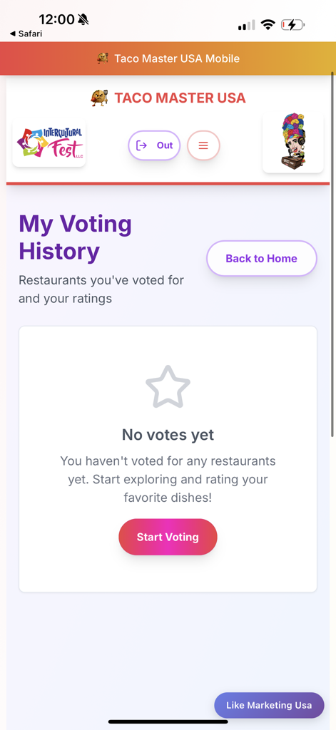 Taco Master USA - Taco Master USAアプリのマイ投票履歴画面。投票開始ボタンのある空の状態が表示されています