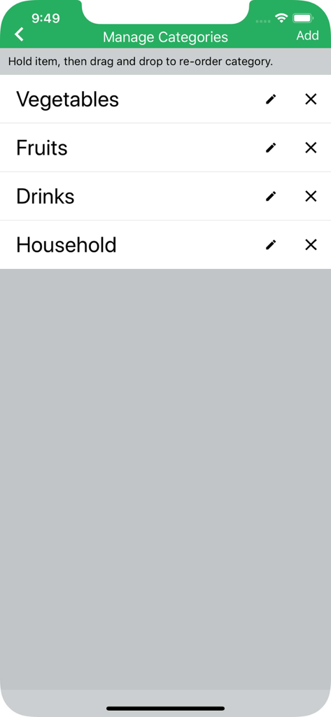 Interfaz de gestión de categorías en la aplicación Out of que muestra una lista de grupos de comestibles como verduras y frutas