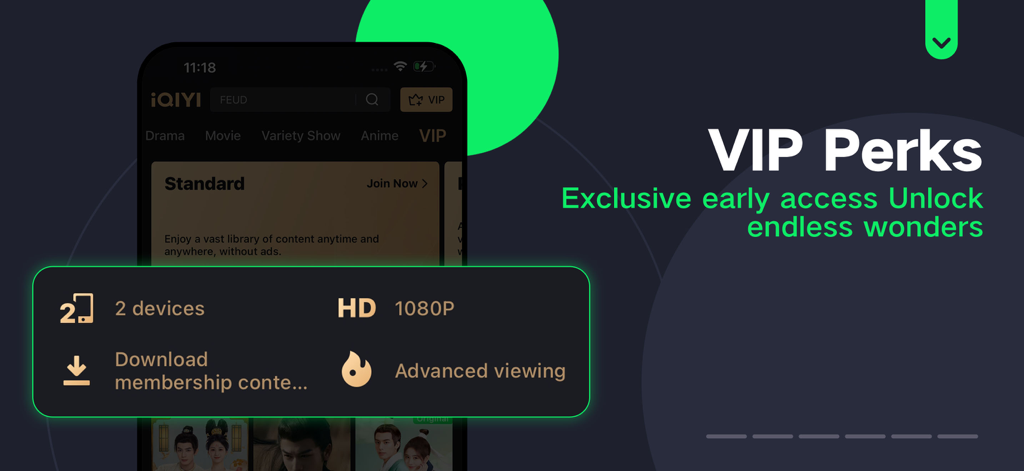 iQIYI - Dramas, Anime, Shows - A graphic showing iQIYI VIP perks including 1080p HD and early access to episodes