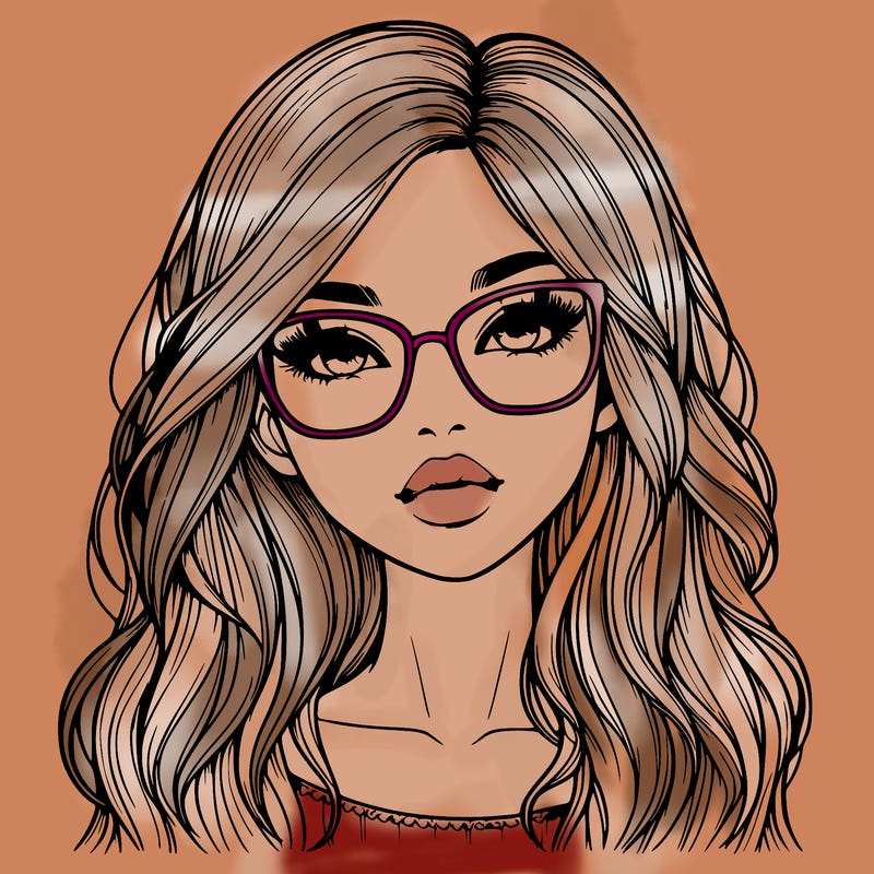girl with long hair, glasses, lips and relastic