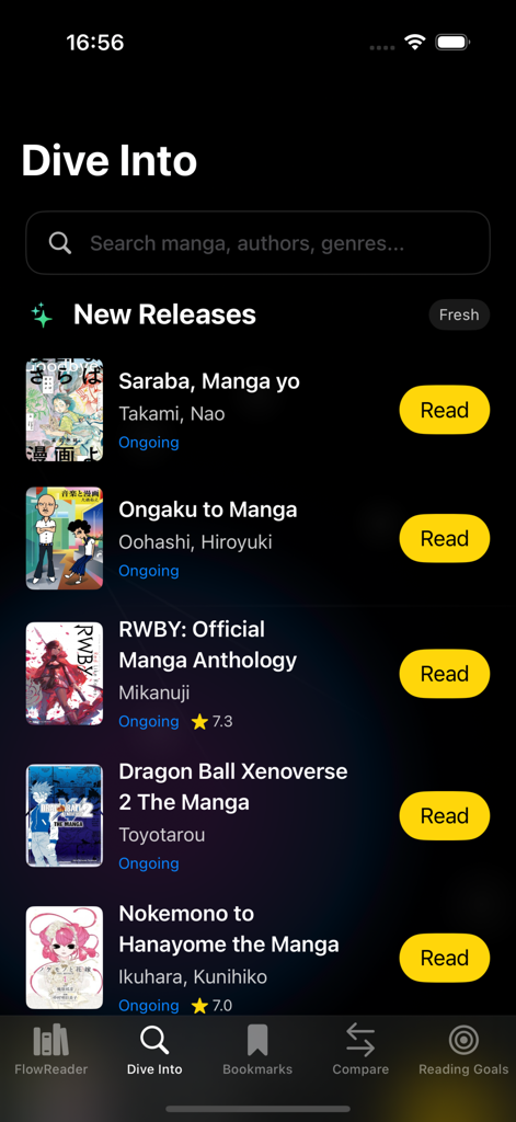 Interface of the MangaBuddy app showing the Dive Into section with new manga releases and a search bar.
