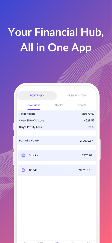 Aionion Capital app portfolio overview screen showing total assets and stock and bond investments
