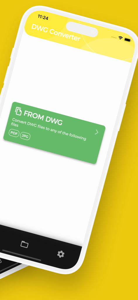 DWG Converter app home screen on an iPhone showing the option to convert DWG files to PDF and JPG