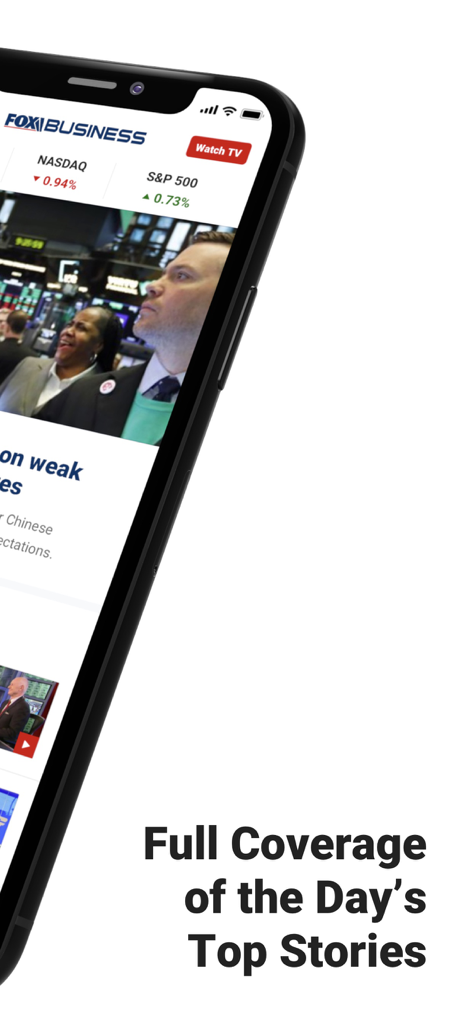 Fox Business: Invested In You - Una pantalla de teléfono inteligente que muestra las noticias de la aplicación Fox Business y los índices de mercado.