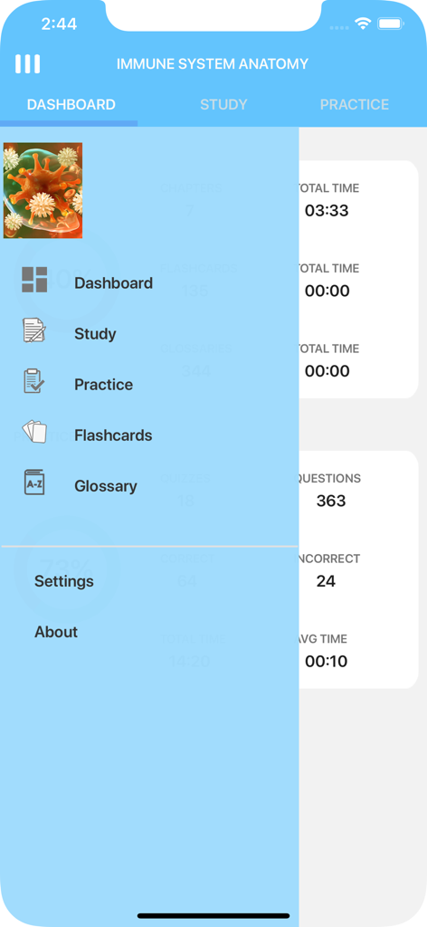 Learn Immune System - Side navigation menu of the Learn Immune System app with sections for Study Practice and Flashcards