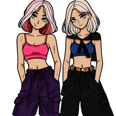 two girls with crop top with baggy pants