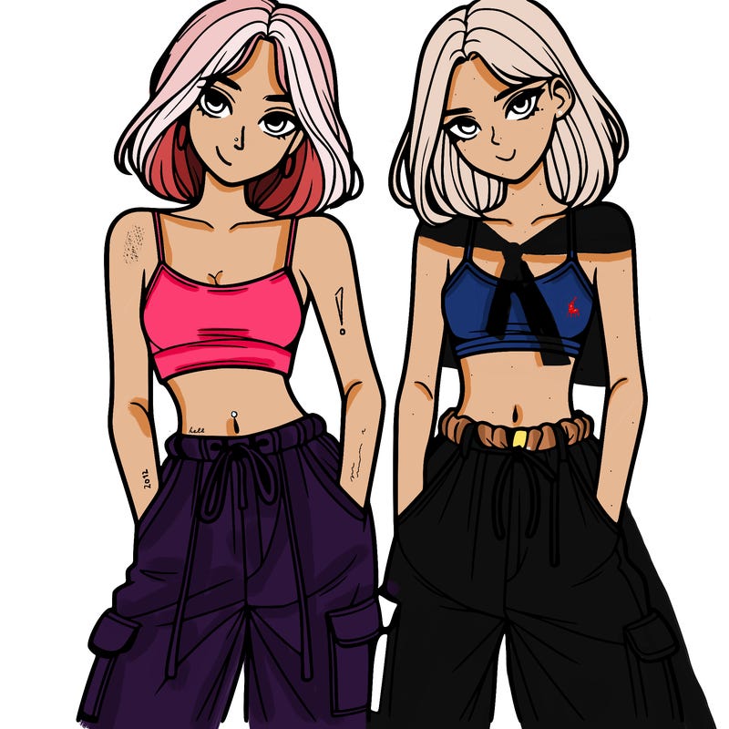 two girls with crop top with baggy pants