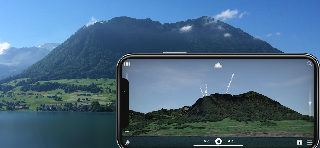 Swiss3D - Um smartphone usando o modo de realidade aumentada do Swiss3D para identificar picos de montanhas como Nollen e Horndli contra um fundo de paisagem real