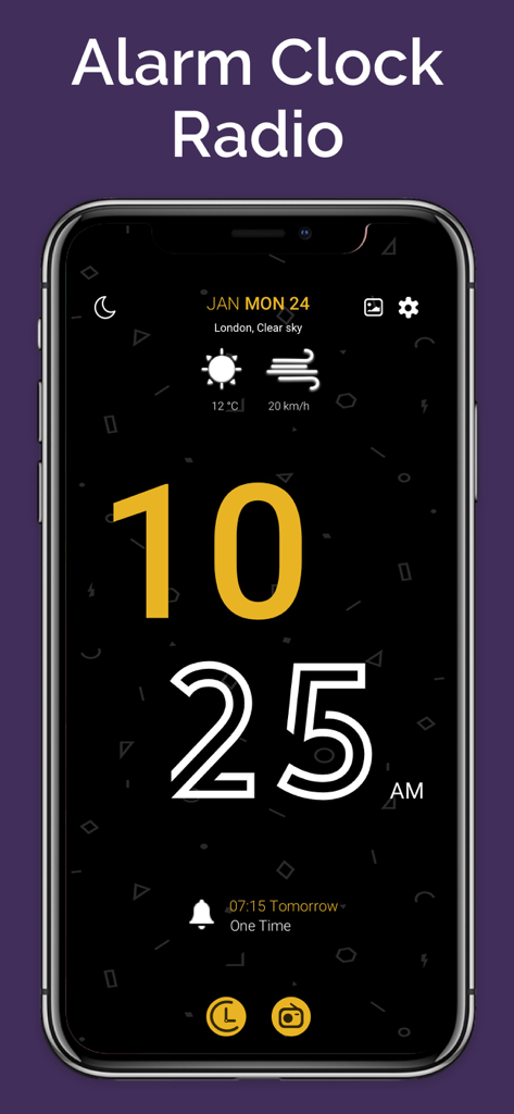 Alarm Clock Radio & Reminders - Relógio digital com informações de clima e alarme em um tema escuro