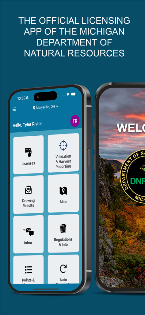 Michigan DNR Hunt Fish mobile app dashboard with licensing and map options