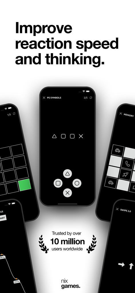 Reaction training. - Capturas de pantalla de la aplicación de entrenamiento de reacción que muestran varios minijuegos cognitivos y de reflejos