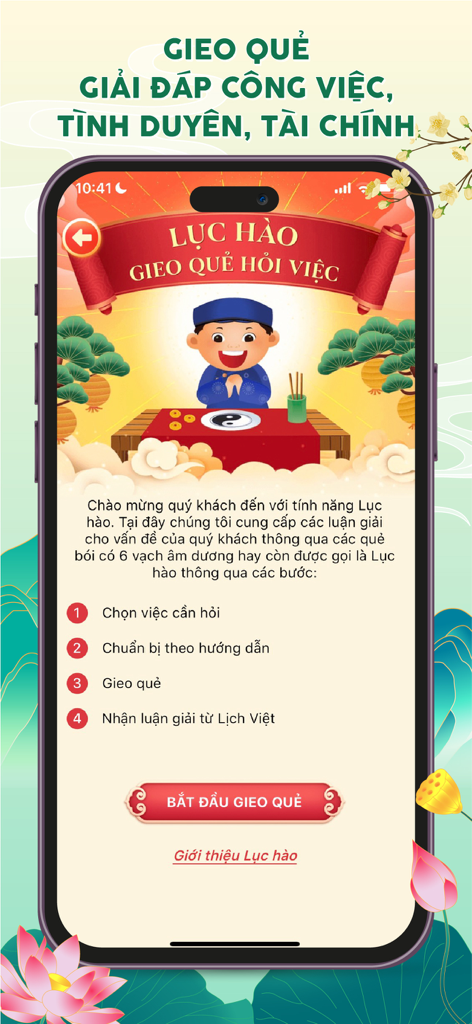 A screen from the Lịch Việt app showing the Lục Hào divination feature for spiritual guidance on work and relationships.