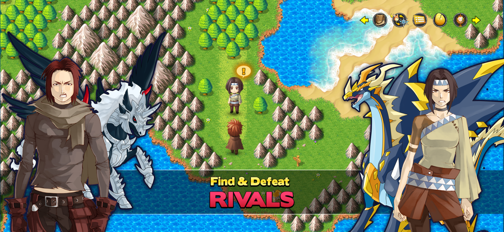 Neo Monsters - Top-down view of the Neo Monsters world map with anime characters and monsters featuring the text Find and Defeat Rivals.