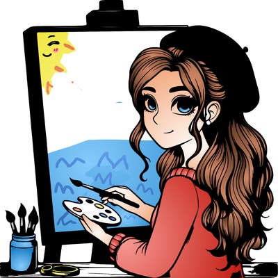 realistic girl artist painting a blank canvas