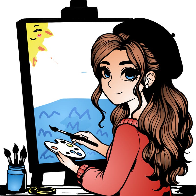 realistic girl artist painting a blank canvas