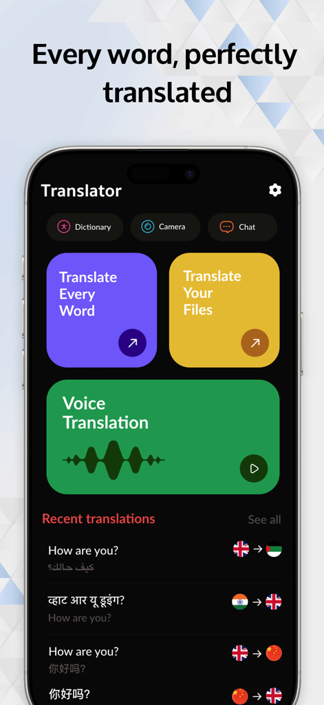 Translator - AI Translate - Übersetzer KI-App-Hauptbildschirm mit Sprach- und Dateiver Übersetzungsoptionen