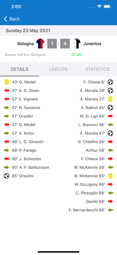 Live Scores for Serie A App - ボローニャ対ユベントスのスコアとライブイベントを示す詳細な試合レポート画面