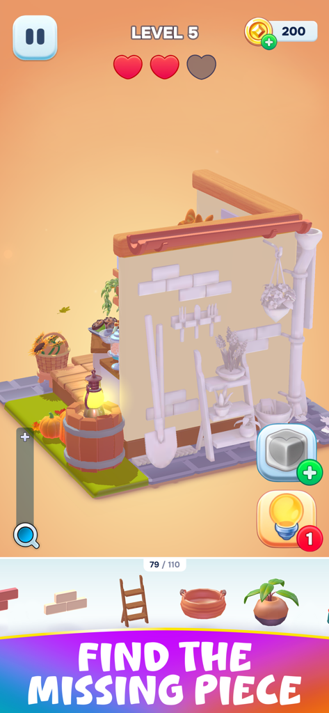 Rompecabezas de diseño de habitaciones 3D de Decolore que muestra elementos de jardín para colocar.