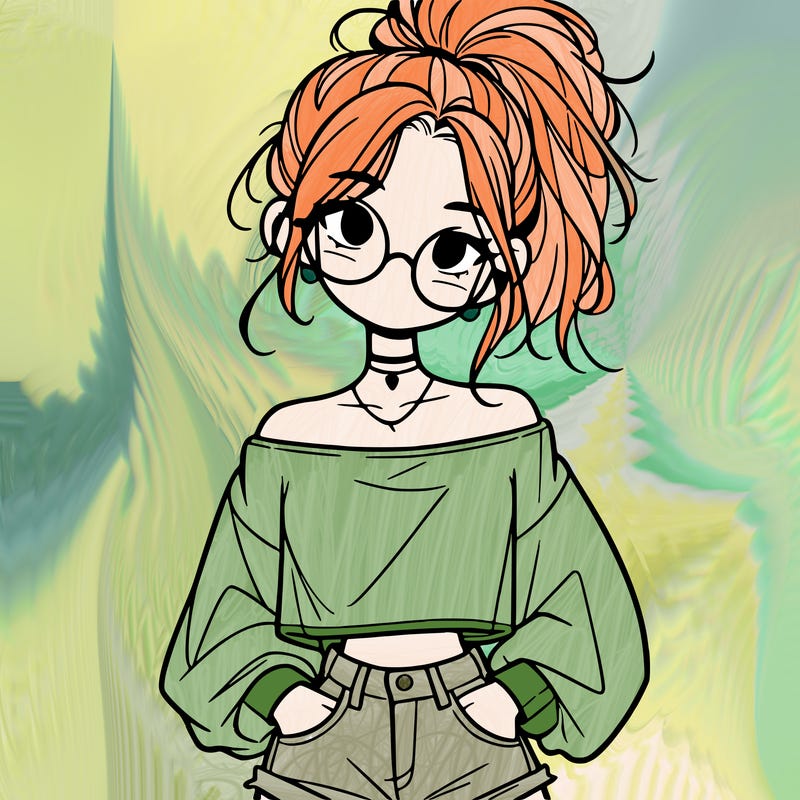 girl with a messy ponytail glasses a baggy crop top and jean shorts