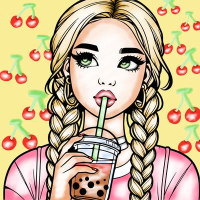 realistic girl with braided hair drinking boba