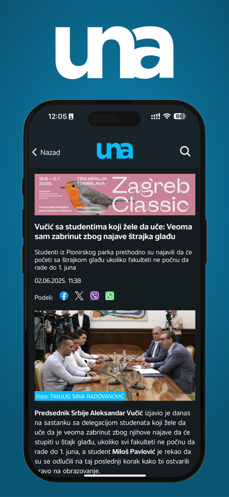 UNA TV - Uma tela de smartphone mostrando um artigo de notícias no aplicativo UNA TV com uma reportagem sobre o presidente sérvio Aleksandar Vucic