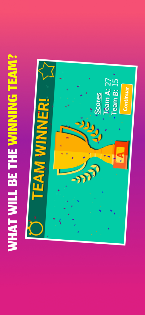 Charades - Forehead Team Game - Winning team screen in the Charades app showing a gold trophy and final scores for two teams.