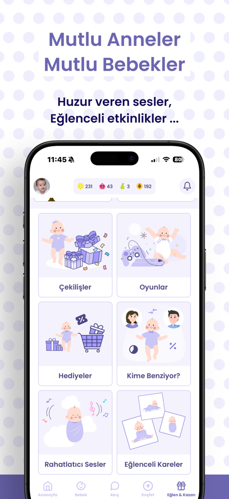 Elika Baby Care and Monitoring - Tela do aplicativo Elika Baby mostrando o menu de recompensas e jogos para mães.