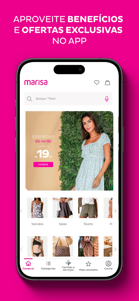 Marisa: Roupas, Calçados, Moda - Tela inicial do aplicativo móvel Marisa mostrando ofertas de moda de verão e categorias de moda.
