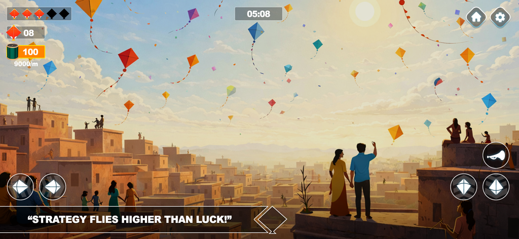 Dozens of colorful kites flying in a golden sunset sky above urban rooftops