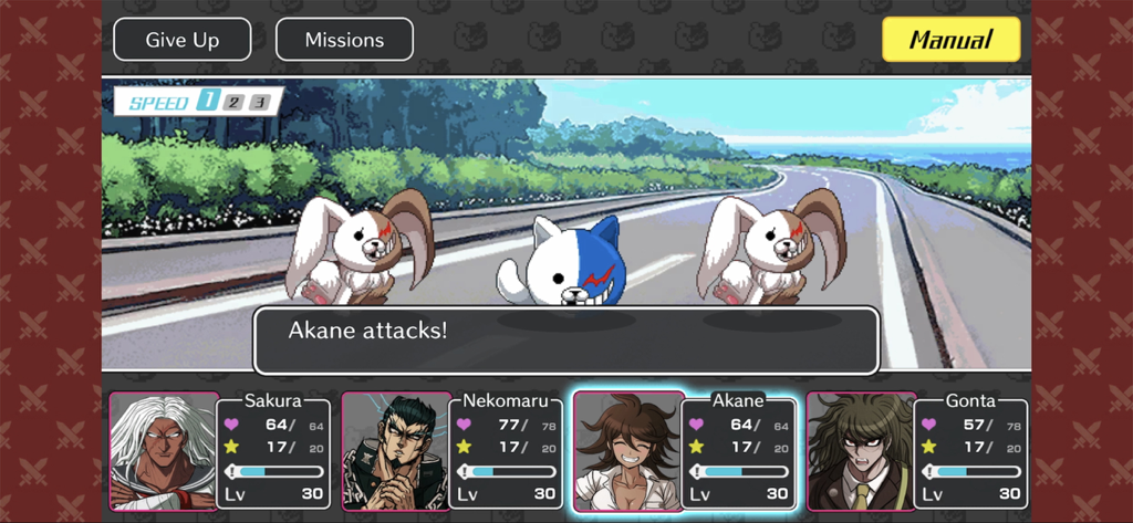 Danganronpa S: Ultimate Summer - Turn-based RPG battle scene in Danganronpa S Ultimate Summer Camp featuring a party of four characters