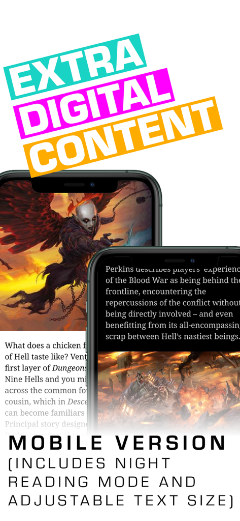 Tabletop Gaming app interface showing extra digital content and mobile night reading mode.