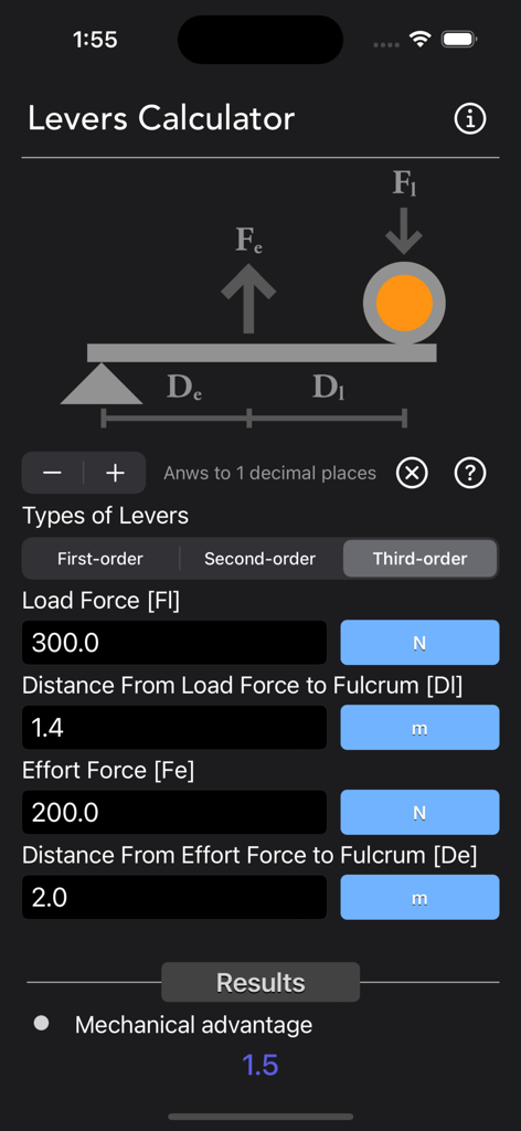 Levers Calculator - Levers Calculator app interface showing a third-order lever mechanical advantage calculation