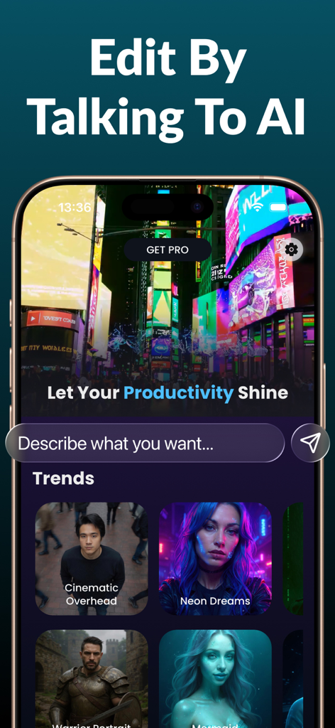 AI Image Editor via Chat - AI image editor app screen showing a chat prompt and various editing style trends.