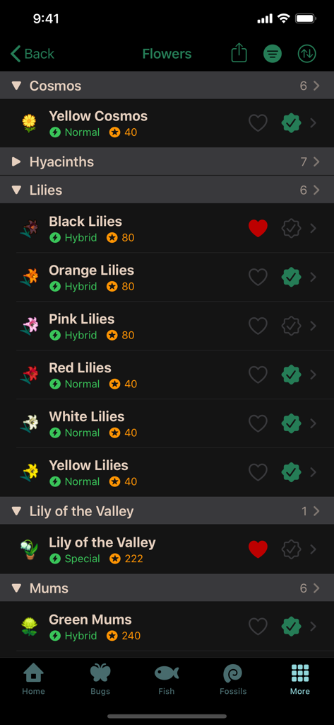 Uma lista de flores no aplicativo Guia de Viagem ACNH mostrando variedades híbridas e normais com status de rastreamento de coleção.