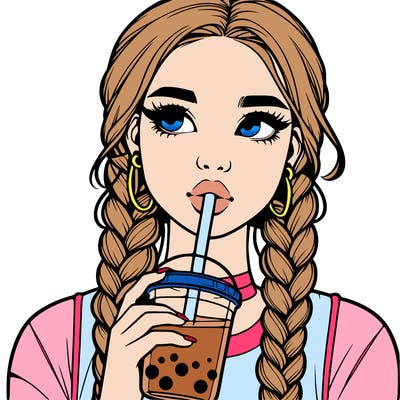 realistic girl with braided hair drinking boba