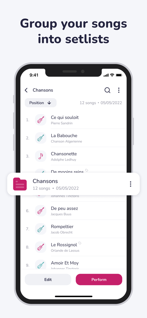 Maestro Amadeus - Sheet Music - Maestro Amadeus App-Oberfläche zeigt eine Song-Setlist für musikalische Darbietungen