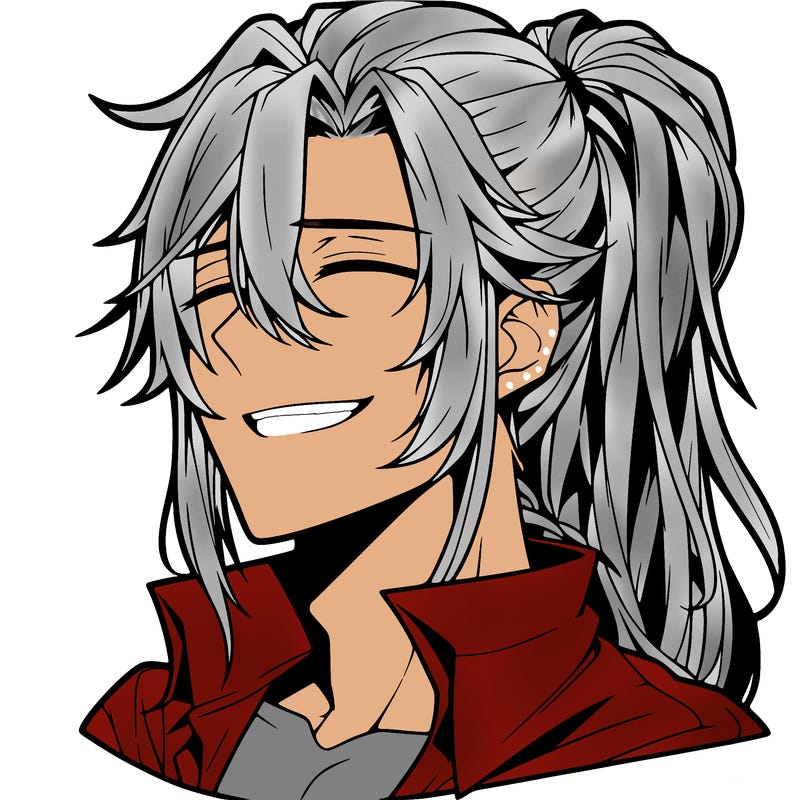 realistic hot anime boy with a grin and long hair in a pony tail