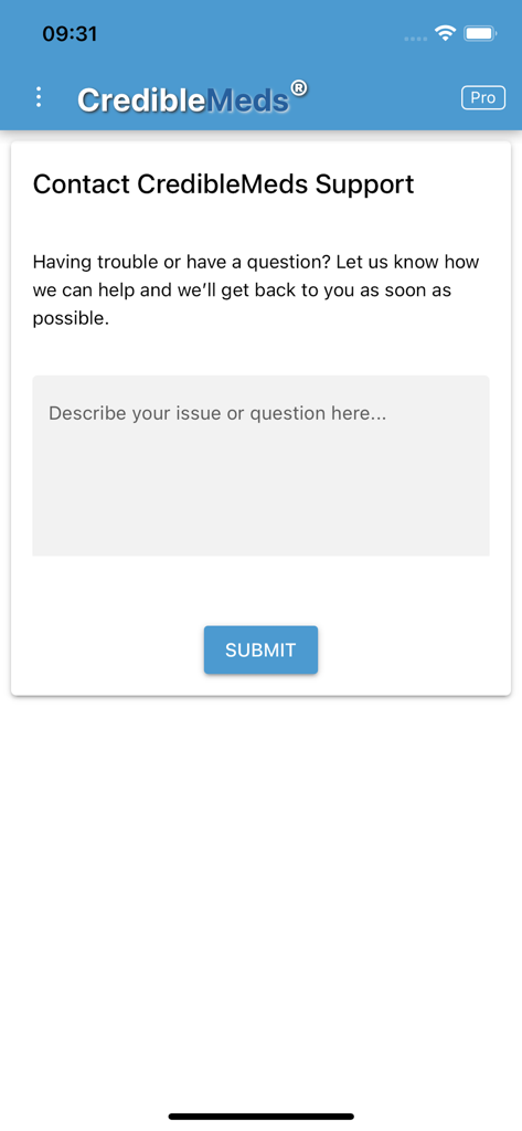 A contact support form in the CredibleMeds Mobile app with a text input area and a submit button