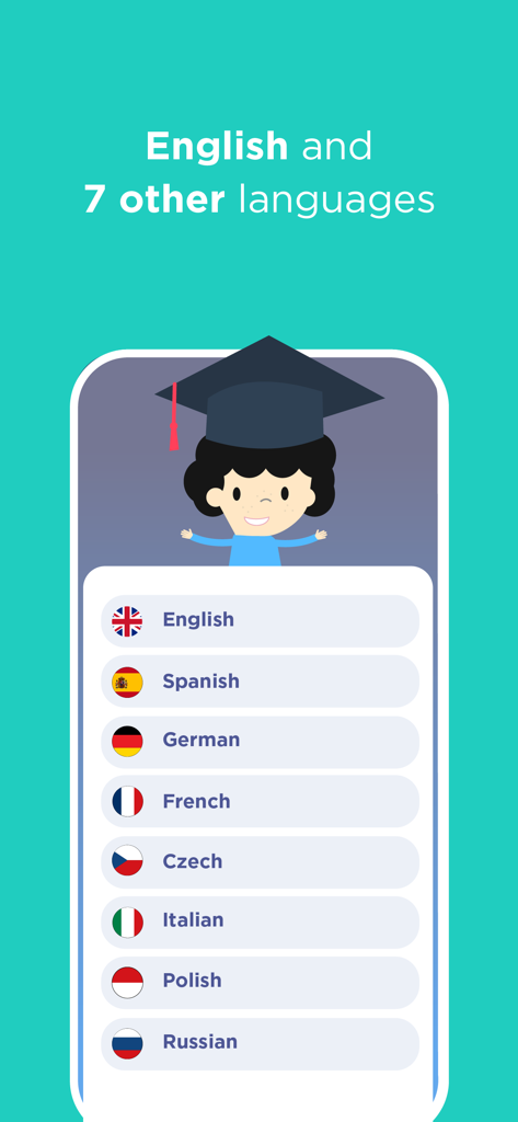 Pantalla de la aplicación Mooveez que muestra una lista de ocho idiomas disponibles para aprender, incluyendo inglés y español