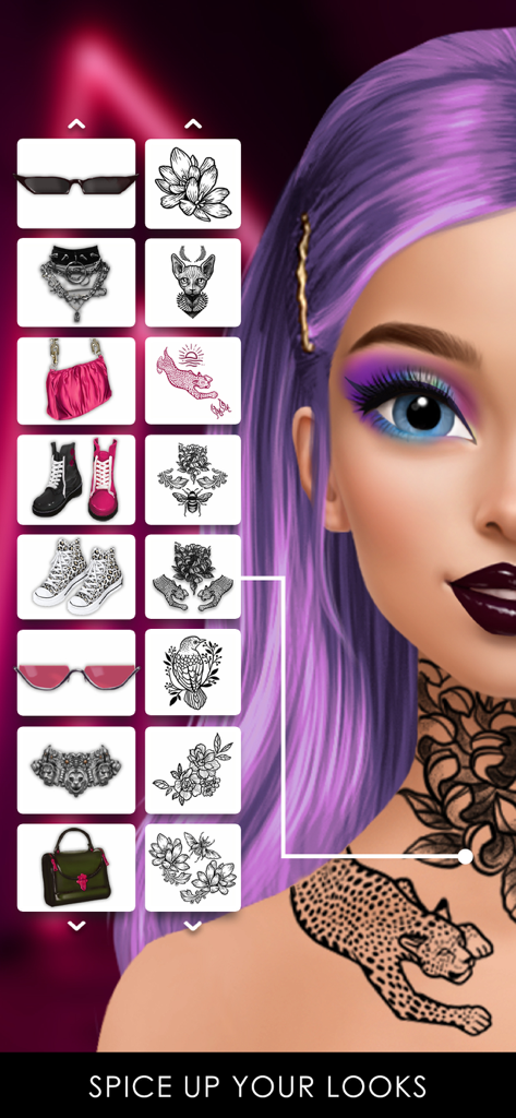 GLAMM’D - Fashion Game - A virtual model with purple hair and tattoos being styled in the GLAMM’D fashion game