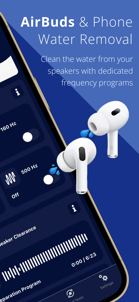 Water Eject Airpods: WaterDrop - Smartphone screen showing the Water Eject app interface with frequency programs for AirPod and phone speaker water removal
