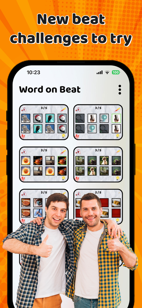 Say The Word On Beat – Game - Menu screen showing various rhythm challenges in the Say The Word On Beat mobile game