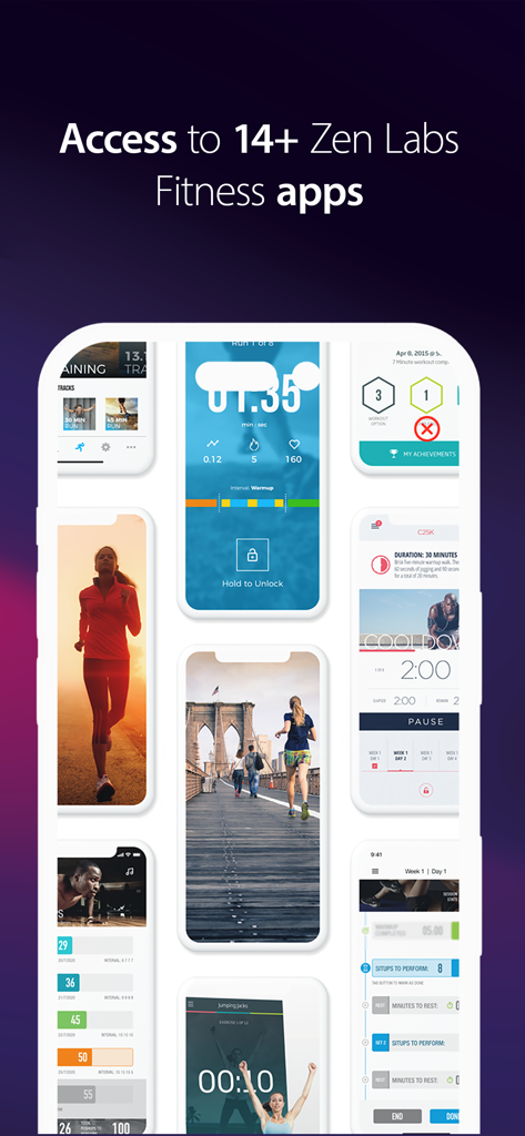 Collage of various Zen Labs fitness app screens showing workout tracking and running training plans