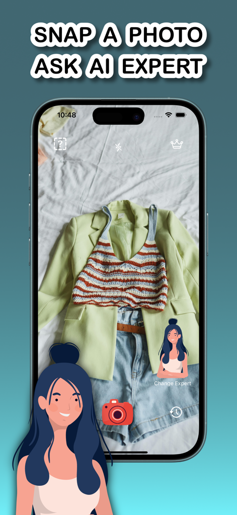 Outfit Checker: AI Scanner - Tela do smartphone mostrando a interface da câmera de especialista em moda por IA para análise de looks