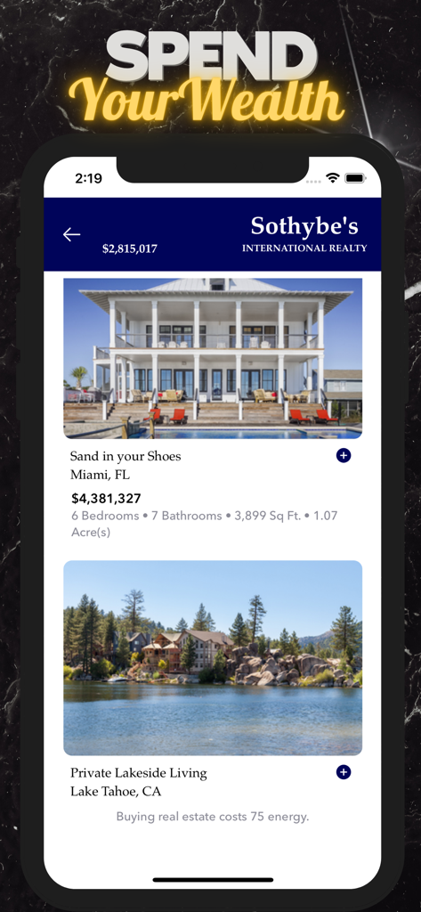Listagens de imóveis de luxo dentro do jogo mobile Music Star Life Simulator.